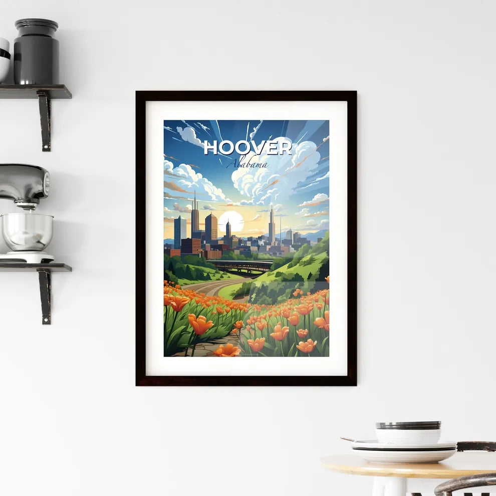 Hoover, Alabama, A Poster of a landscape with orange flowers and a city in the background Default Title