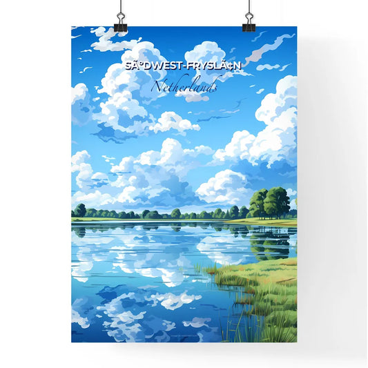 SãºDwest-Fryslã¢N, Netherlands, A Poster of a lake with grass and trees and clouds in the sky Default Title