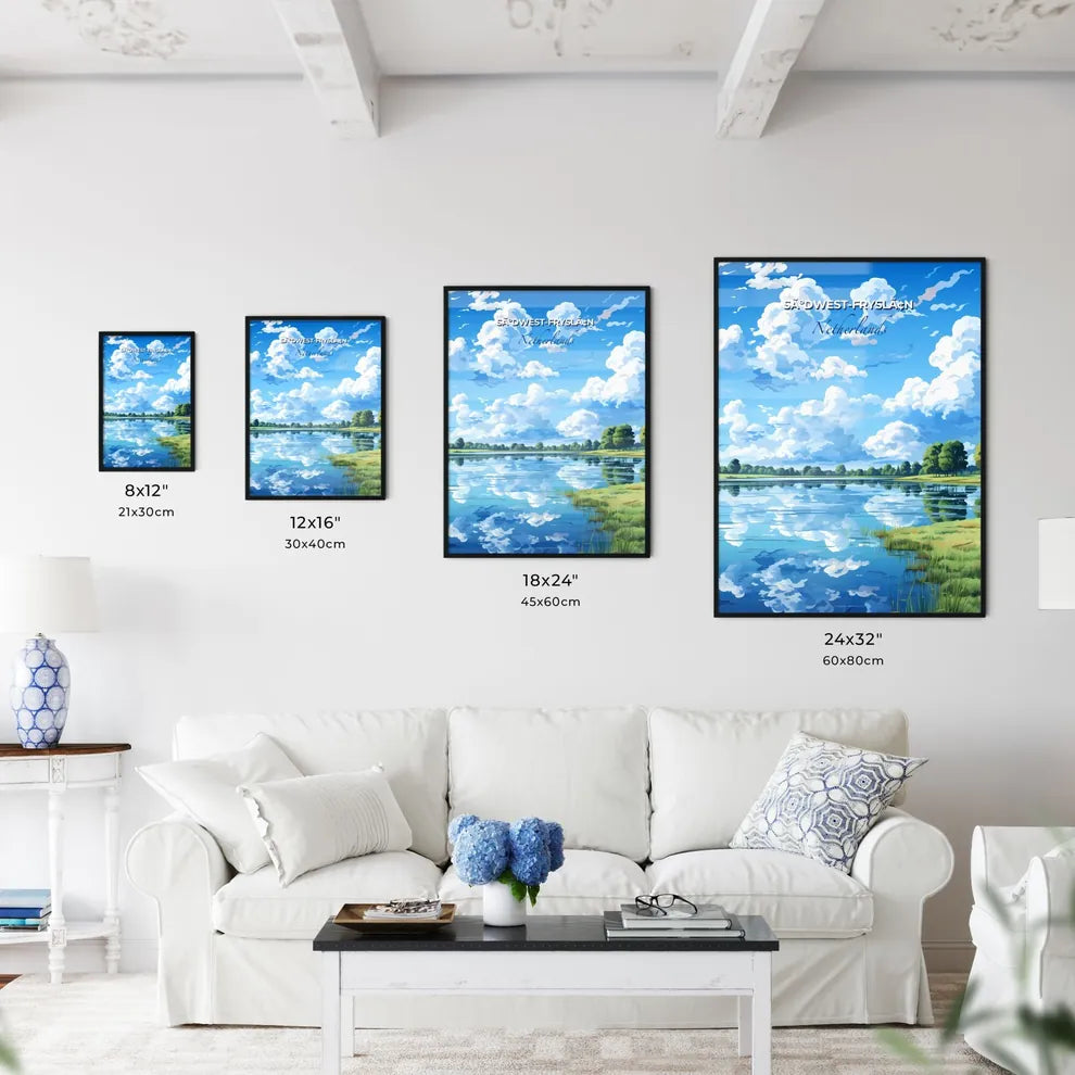 SãºDwest-Fryslã¢N, Netherlands, A Poster of a lake with grass and trees and clouds in the sky Default Title