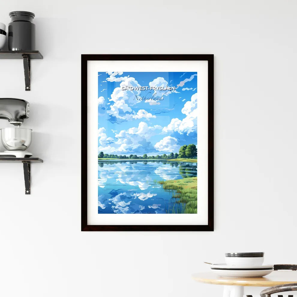 SãºDwest-Fryslã¢N, Netherlands, A Poster of a lake with grass and trees and clouds in the sky Default Title