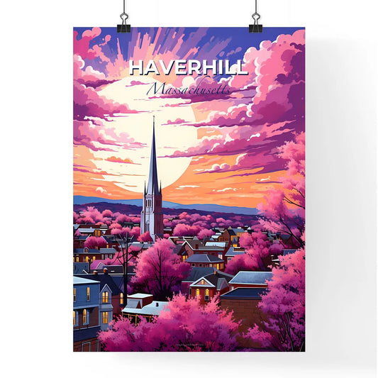 Haverhill, Massachusetts, A Poster of a city with a church tower and pink trees Default Title