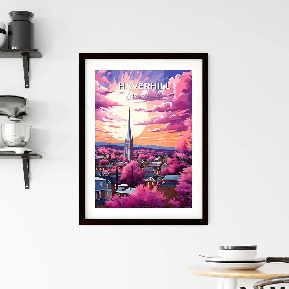 Haverhill, Massachusetts, A Poster of a city with a church tower and pink trees Default Title