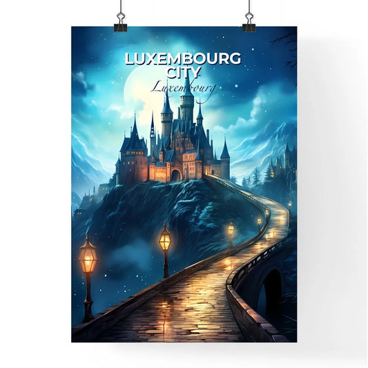 Luxembourg City, Luxembourg, A Poster of a castle on a hill with a bridge and street lamps Default Title