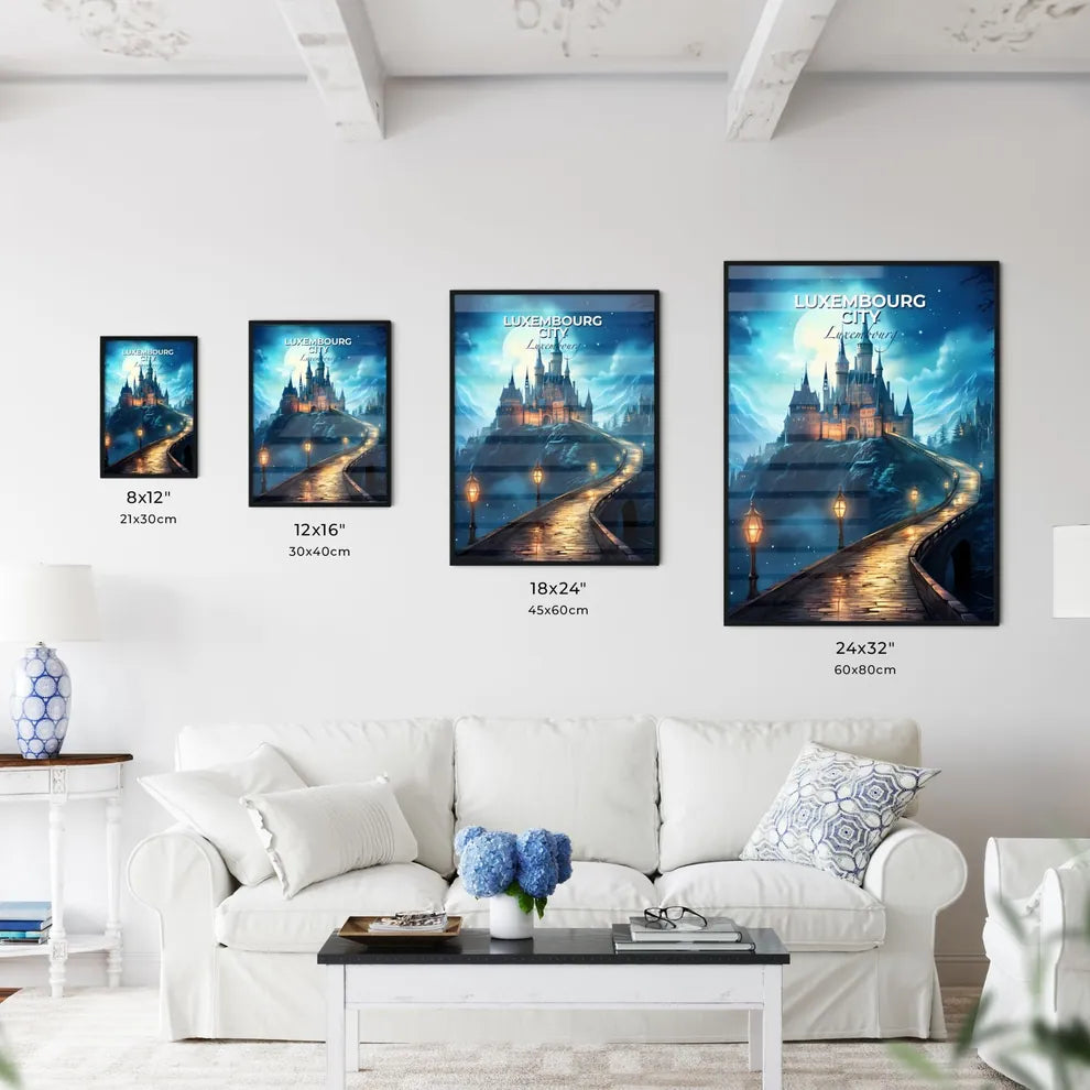 Luxembourg City, Luxembourg, A Poster of a castle on a hill with a bridge and street lamps Default Title