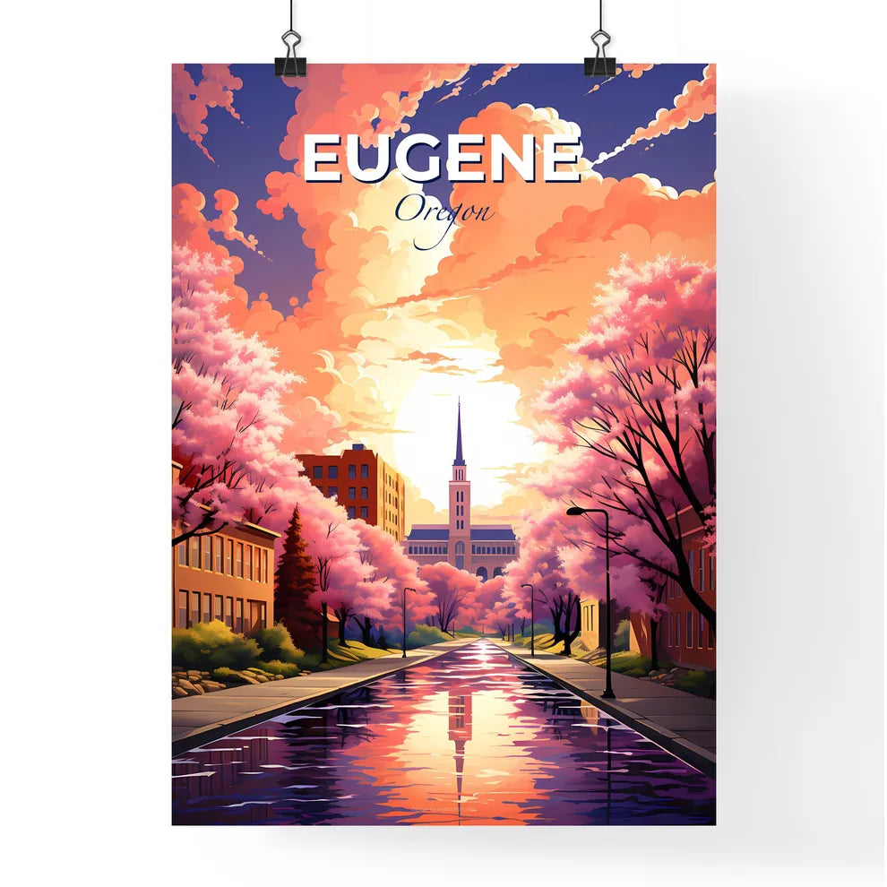 Eugene, Oregon, A Poster of a road with pink trees and buildings and a church Default Title