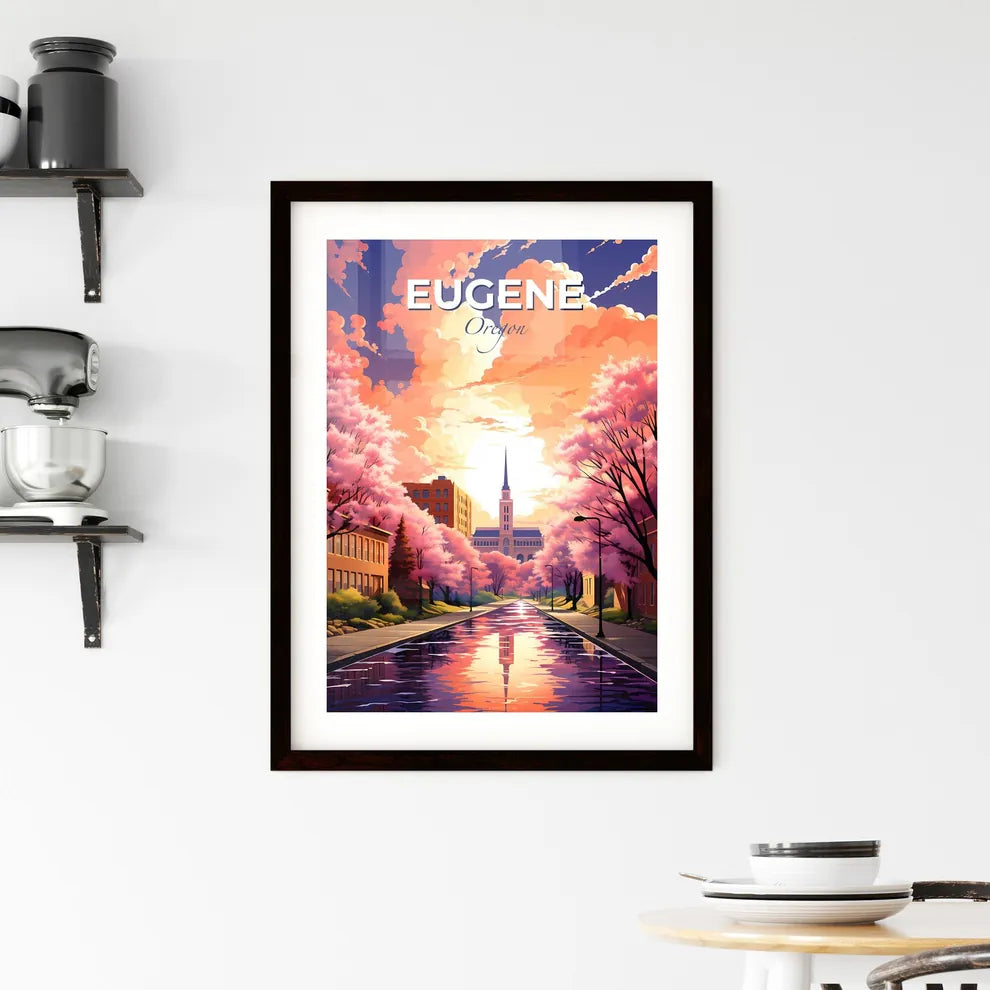 Eugene, Oregon, A Poster of a road with pink trees and buildings and a church Default Title