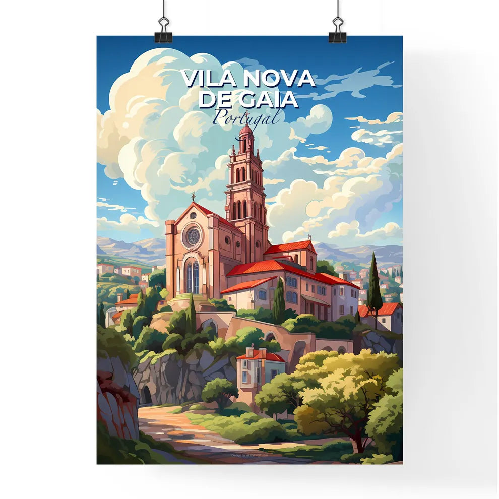 Vila Nova De Gaia, Portugal, A Poster of a building on a hill with trees and clouds Default Title