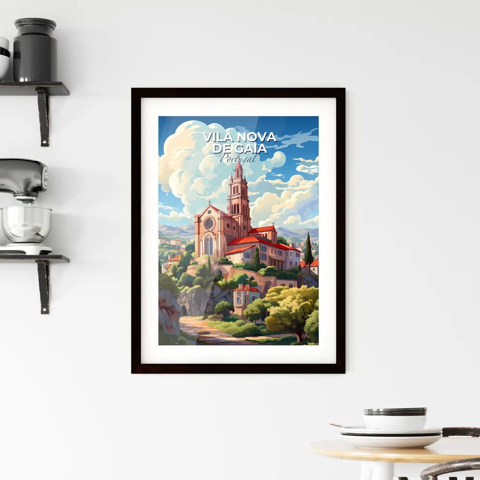 Vila Nova De Gaia, Portugal, A Poster of a building on a hill with trees and clouds Default Title