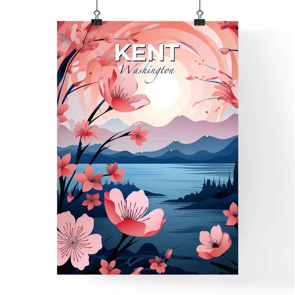 Kent, Washington, A Poster of a painting of a landscape with pink flowers and mountains Default Title