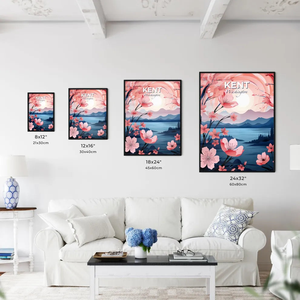 Kent, Washington, A Poster of a painting of a landscape with pink flowers and mountains Default Title