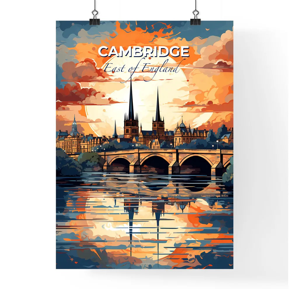 Cambridge, East of England, A Poster of a bridge over water with a large sun behind it Default Title