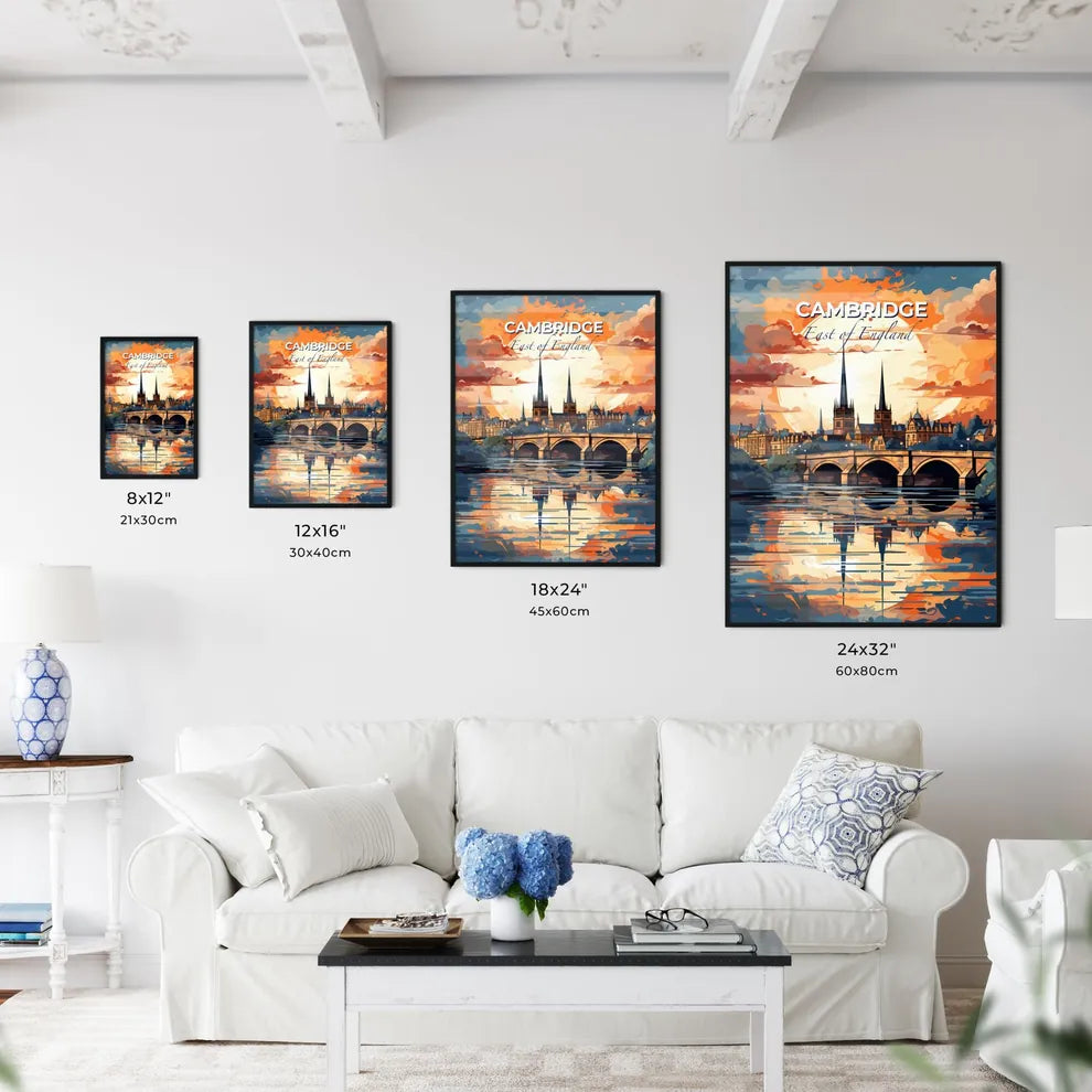 Cambridge, East of England, A Poster of a bridge over water with a large sun behind it Default Title
