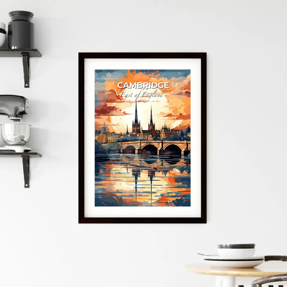 Cambridge, East of England, A Poster of a bridge over water with a large sun behind it Default Title