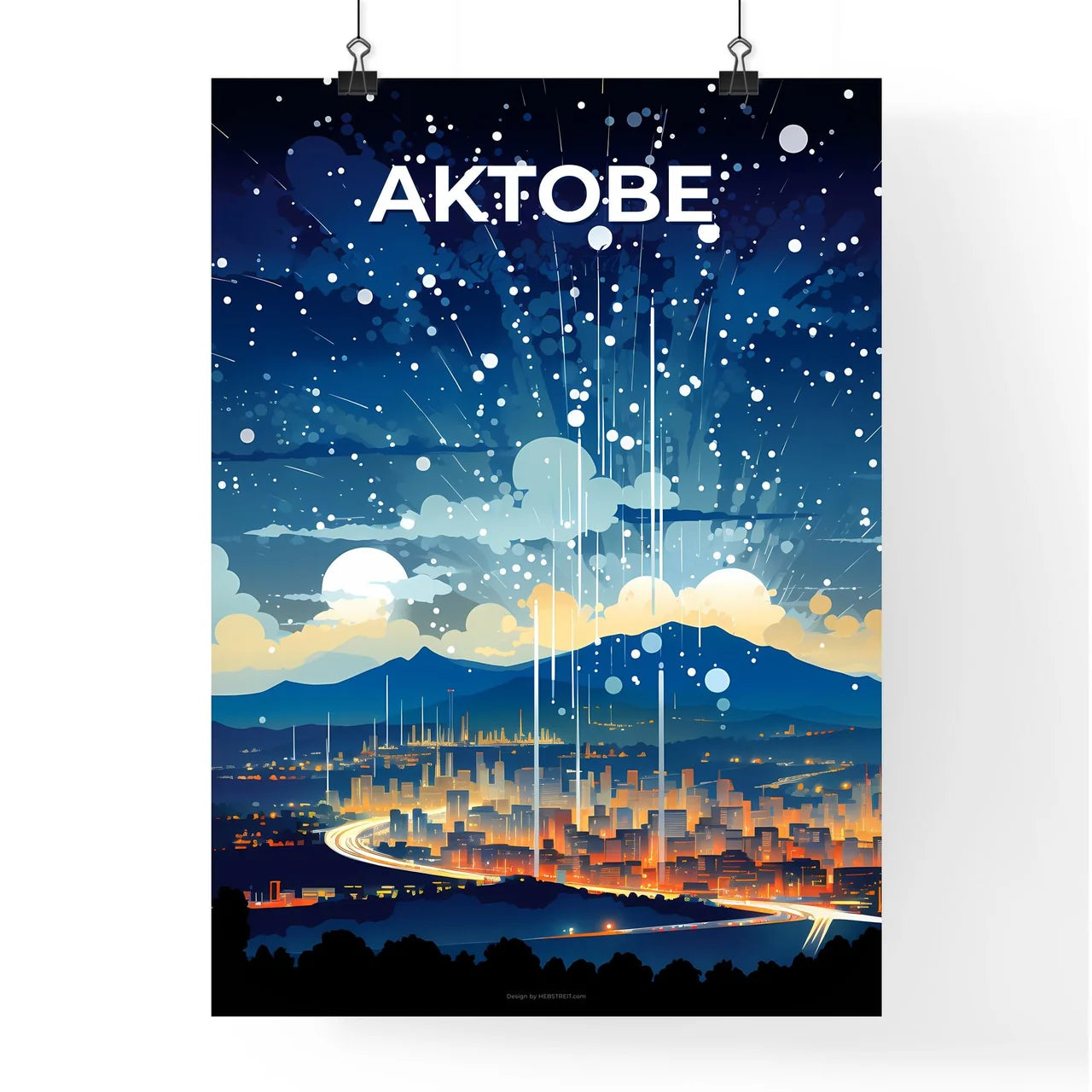 Aktobe, Kazakhstan, A Poster of a city with lights and mountains in the background Default Title