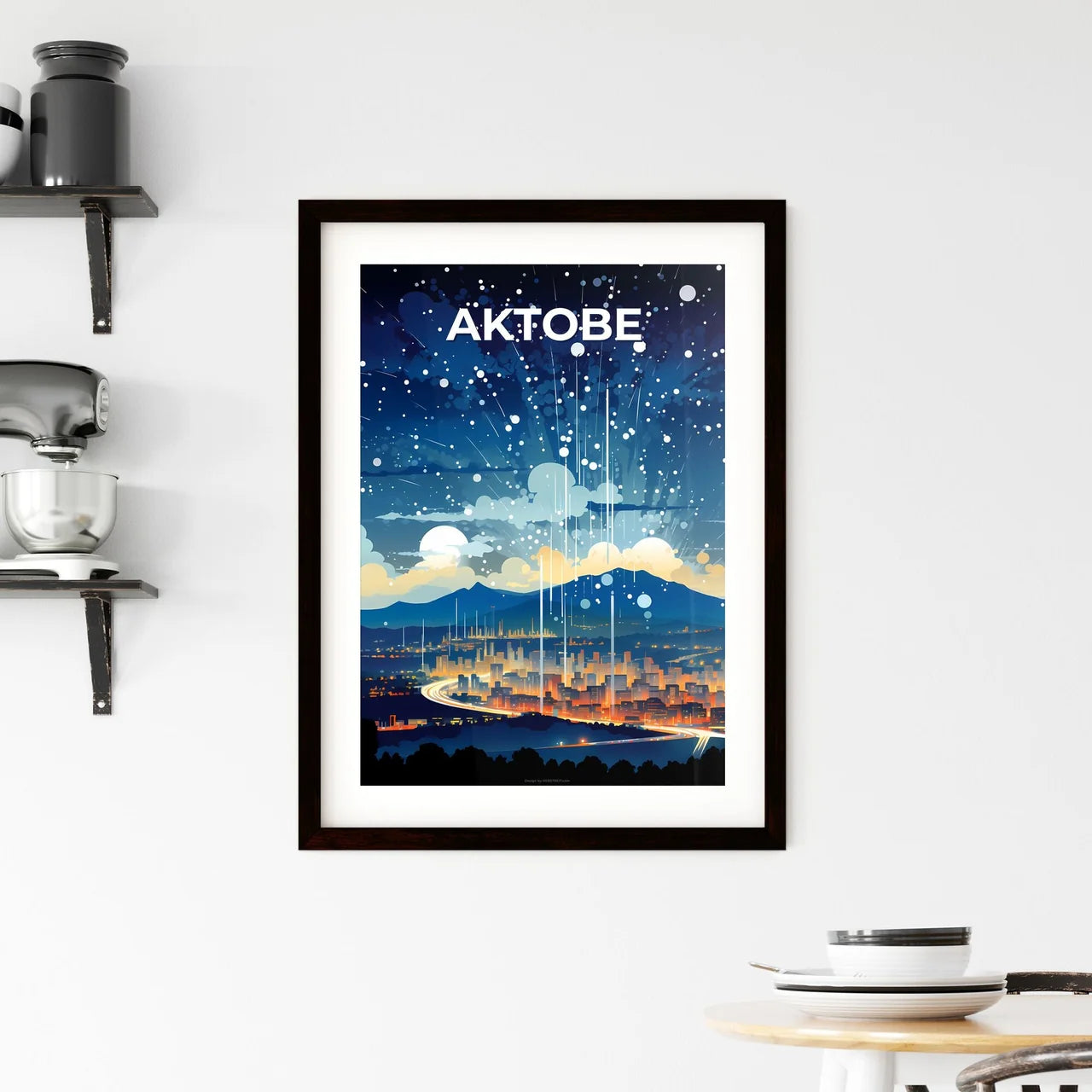 Aktobe, Kazakhstan, A Poster of a city with lights and mountains in the background Default Title