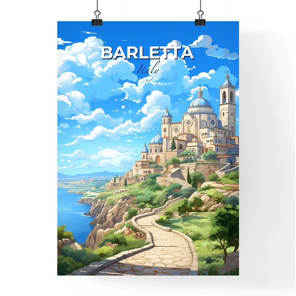 Barletta, Italy, A Poster of a building on a hill with a path leading to the water Default Title