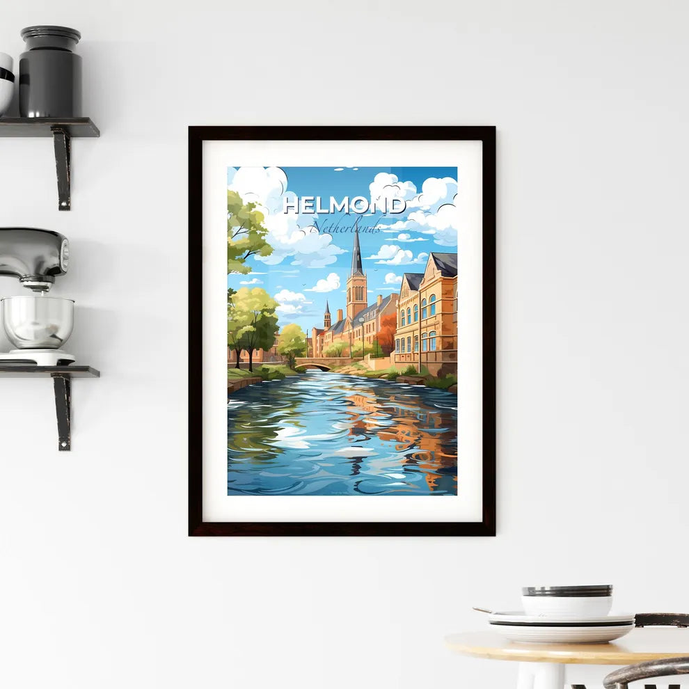 Helmond, Netherlands, A Poster of a river with a church and trees Default Title