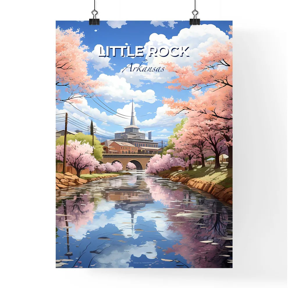 Little Rock, Arkansas, A Poster of a river with pink trees and a bridge Default Title