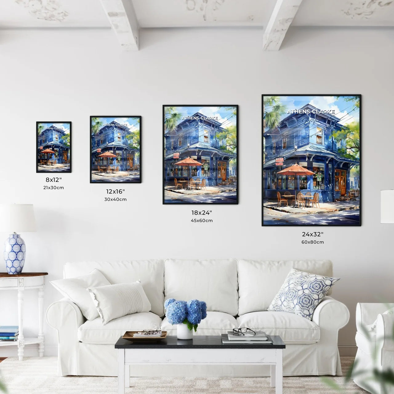 Athens-Clarke, Georgia, A Poster of a blue building with tables and chairs on a street corner Default Title