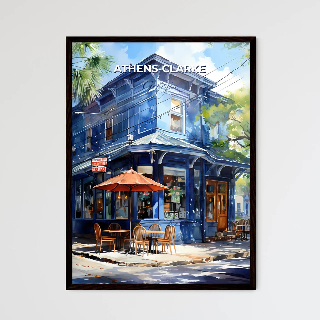 Athens-Clarke, Georgia, A Poster of a blue building with tables and chairs on a street corner Default Title