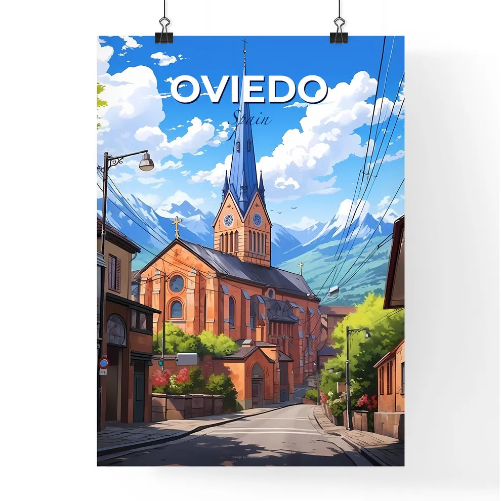 Oviedo, Spain, A Poster of a street with a church and mountains in the background Default Title