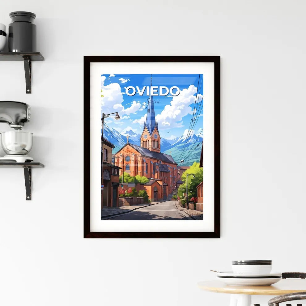 Oviedo, Spain, A Poster of a street with a church and mountains in the background Default Title