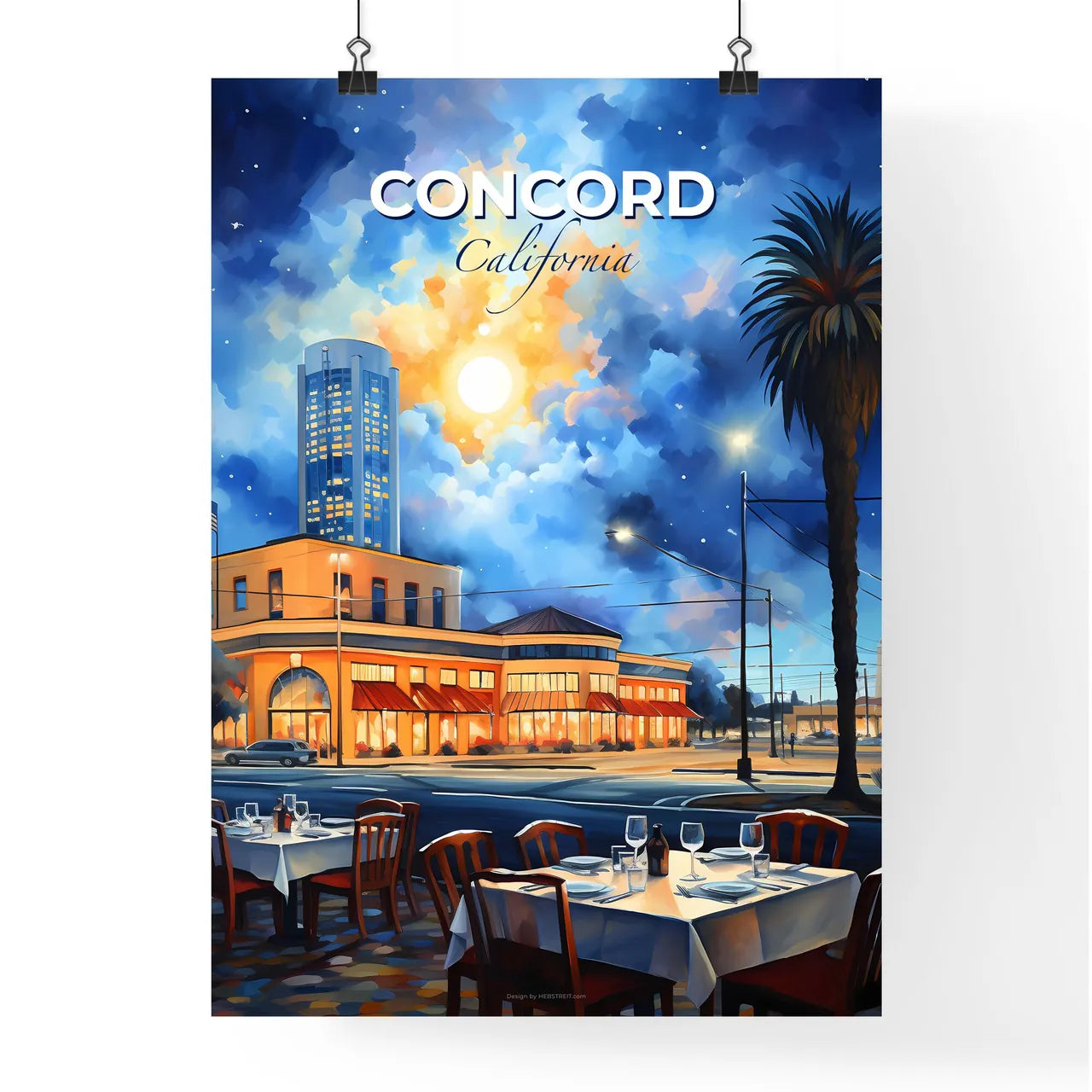 Concord, California, A Poster of a painting of a street with tables and chairs and palm trees Default Title