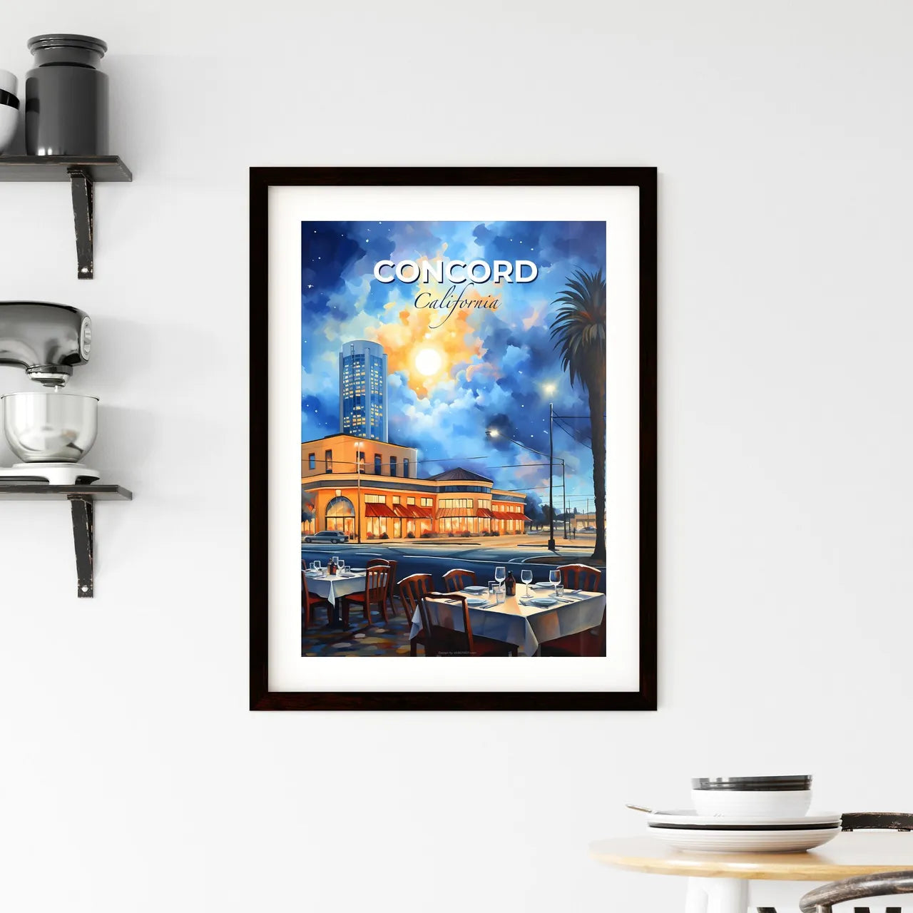 Concord, California, A Poster of a painting of a street with tables and chairs and palm trees Default Title