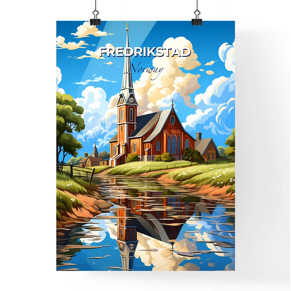 Fredrikstad, Norway, A Poster of a church with a steeple and a river Default Title