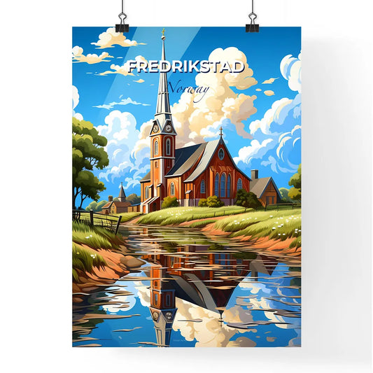 Fredrikstad, Norway, A Poster of a church with a steeple and a river Default Title