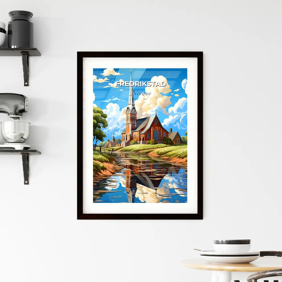 Fredrikstad, Norway, A Poster of a church with a steeple and a river Default Title