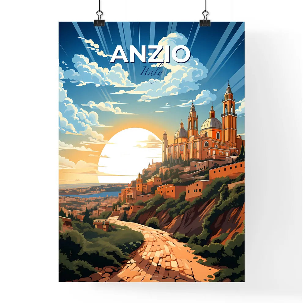 Anzio, Italy, A Poster of a large building on a hill with trees and a road Default Title