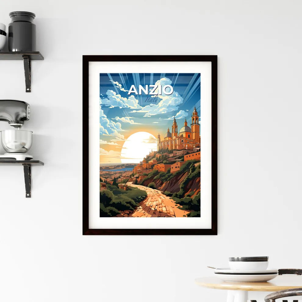 Anzio, Italy, A Poster of a large building on a hill with trees and a road Default Title