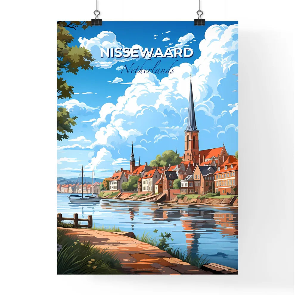Nissewaard, Netherlands, A Poster of a water body with a church and a boat on it Default Title