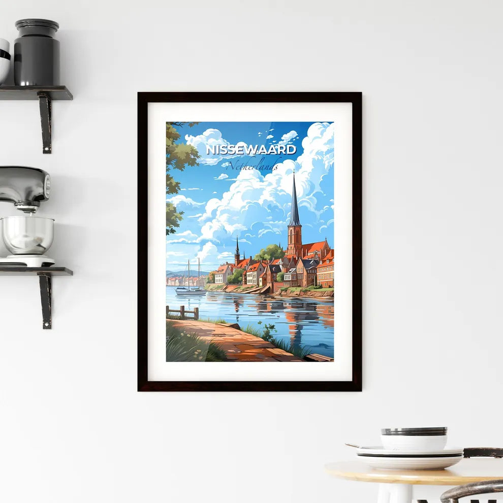Nissewaard, Netherlands, A Poster of a water body with a church and a boat on it Default Title