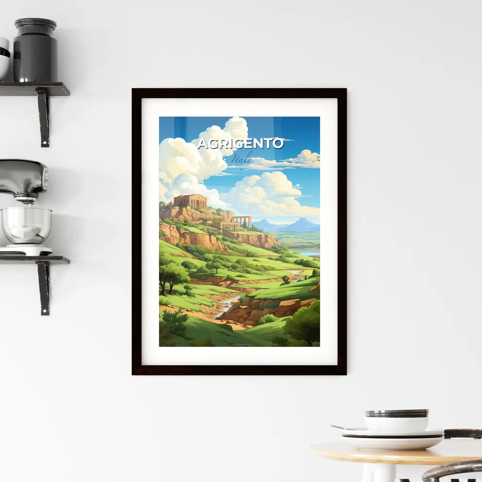 Agrigento, Italy, A Poster of a landscape with a river and a building on a hill Default Title