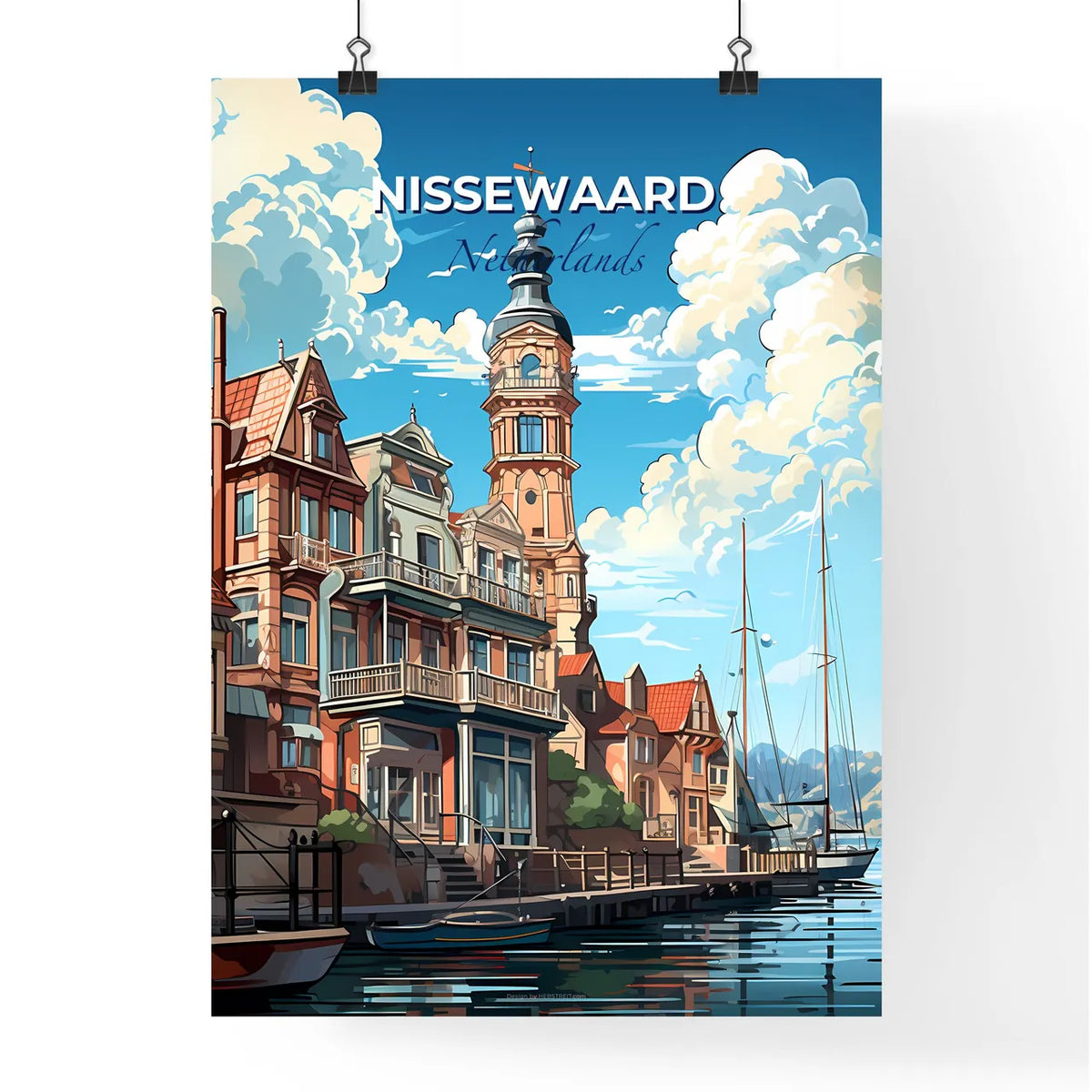 Nissewaard, Netherlands, A Poster of a water way with a building and a tower Default Title