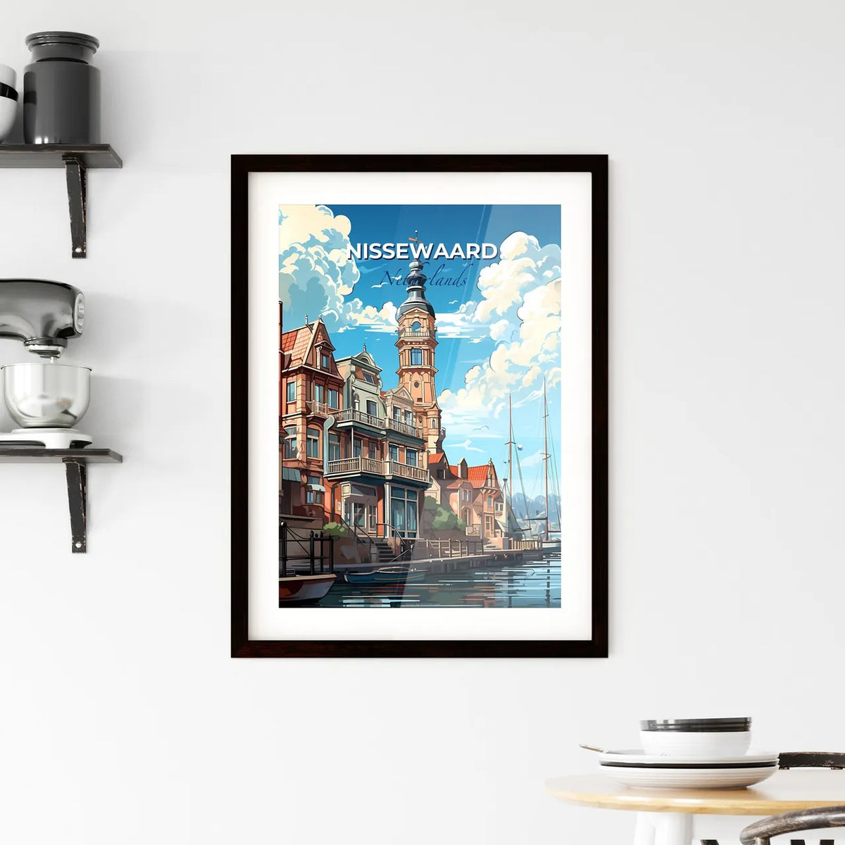 Nissewaard, Netherlands, A Poster of a water way with a building and a tower Default Title