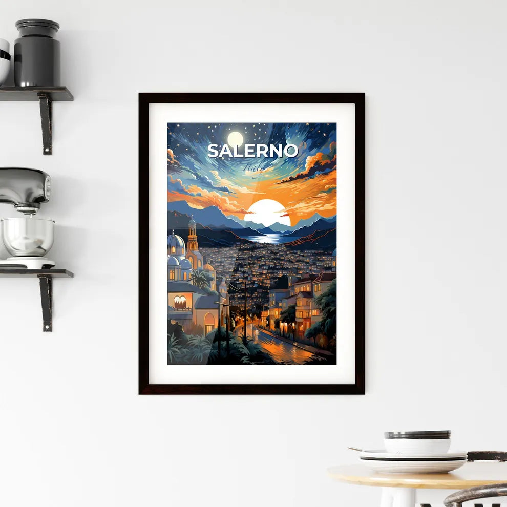 Salerno, Italy, A Poster of a city with a river and mountains in the background Default Title