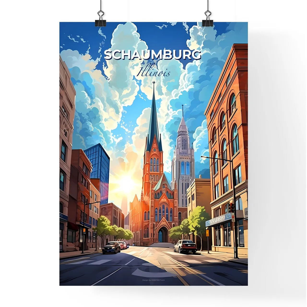 Schaumburg, Illinois, A Poster of a street with cars and a church in the background Default Title