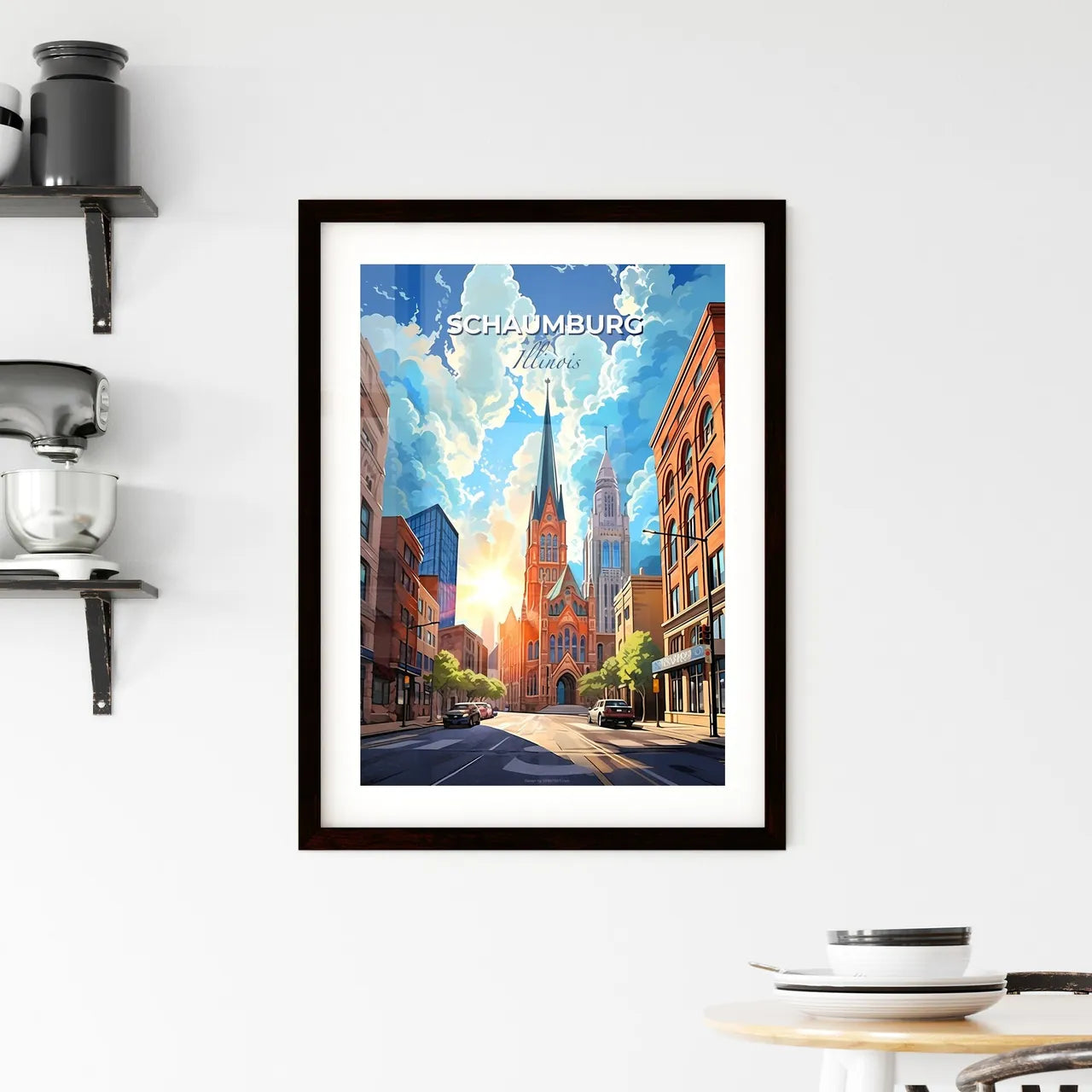 Schaumburg, Illinois, A Poster of a street with cars and a church in the background Default Title