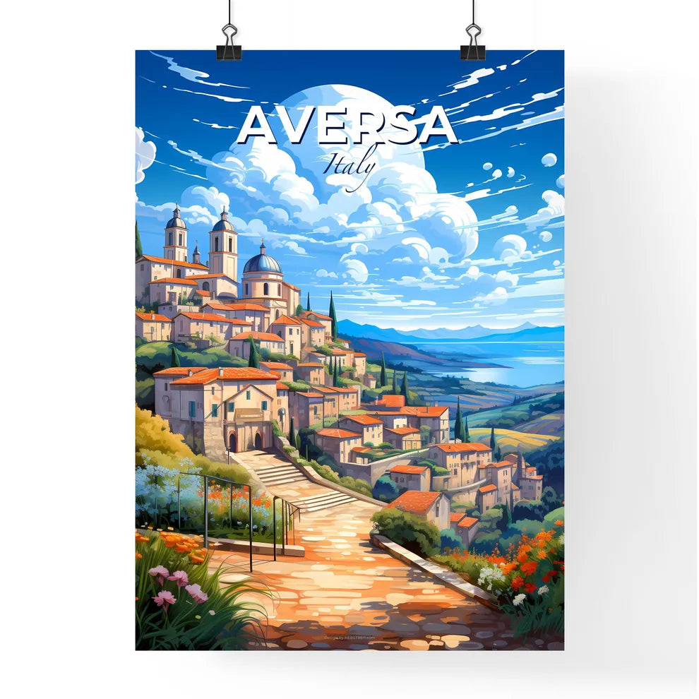 Aversa, Italy, A Poster of a landscape of a town with a staircase and a lake Default Title