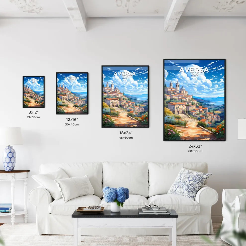 Aversa, Italy, A Poster of a landscape of a town with a staircase and a lake Default Title