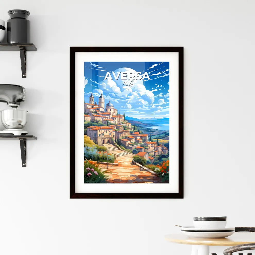 Aversa, Italy, A Poster of a landscape of a town with a staircase and a lake Default Title
