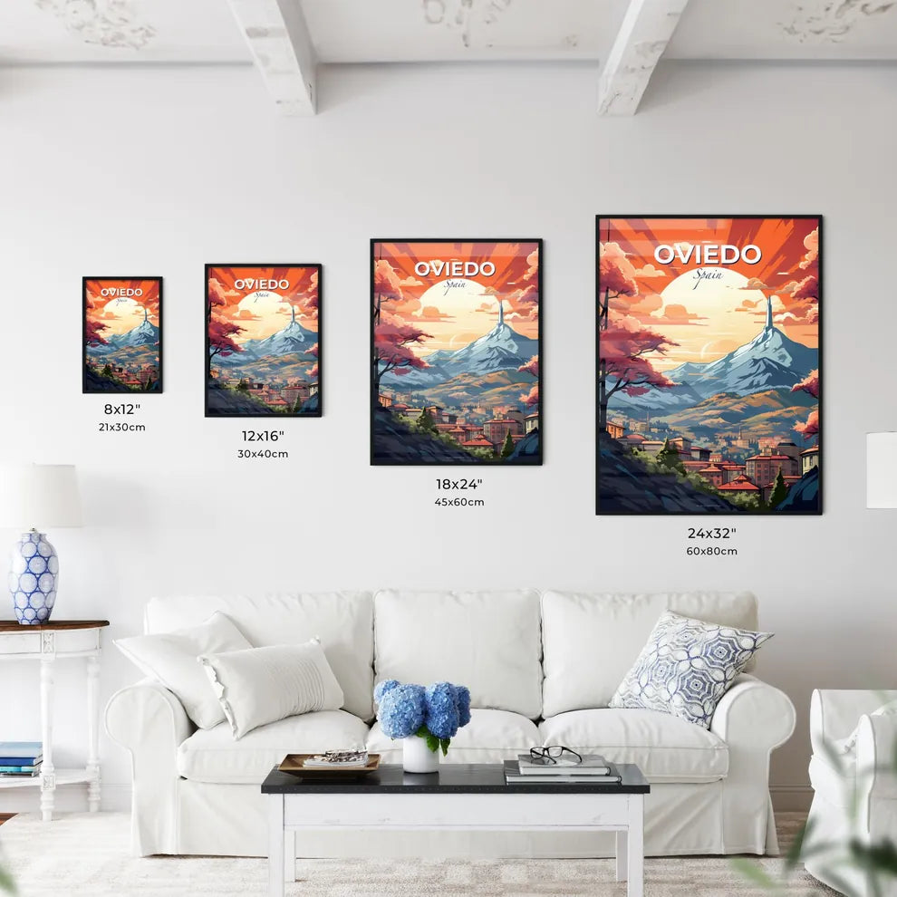 Oviedo, Spain, A Poster of a landscape of a city with mountains and trees Default Title