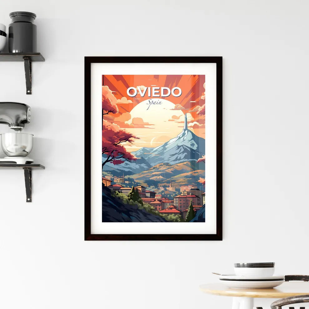 Oviedo, Spain, A Poster of a landscape of a city with mountains and trees Default Title