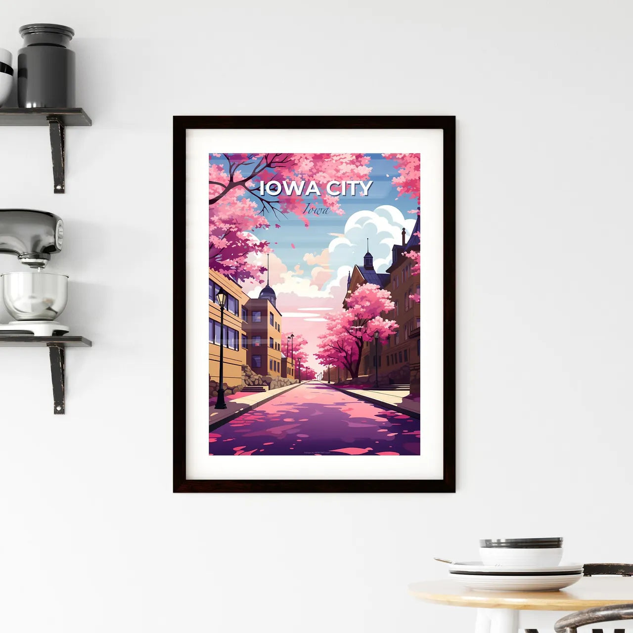 Iowa City, Iowa, A Poster of a street with pink trees and buildings Default Title