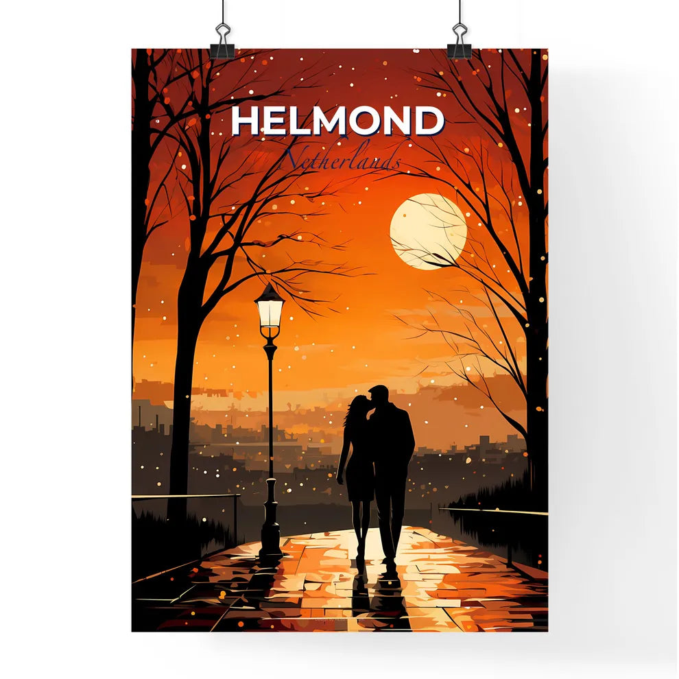 Helmond, Netherlands, A Poster of a couple kissing on a sidewalk with trees and a lamp post Default Title