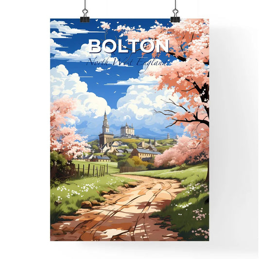 Bolton, North West England, A Poster of a road with pink flowers and trees in front of a building Default Title