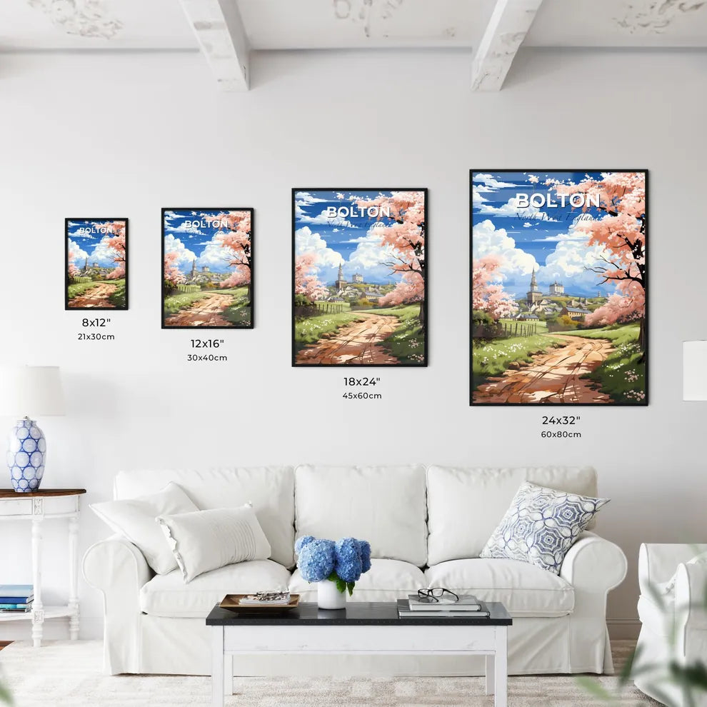 Bolton, North West England, A Poster of a road with pink flowers and trees in front of a building Default Title